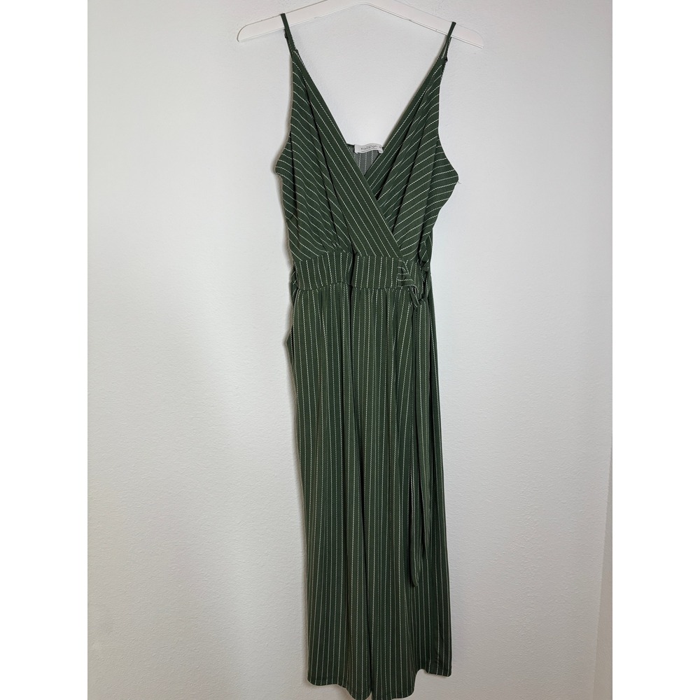 Kaileigh Olive Green Striped Wide Leg Jumpsuit XL Sleeveless Wrap V-Neck Pockets